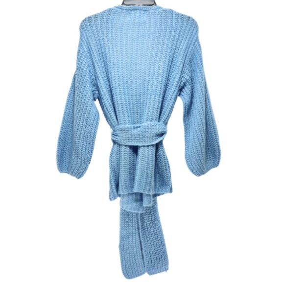 Anthropologie Self Contrast NWT One-Size Rib-Knit Belted Cardigan Sweater Blue - Picture 3 of 8